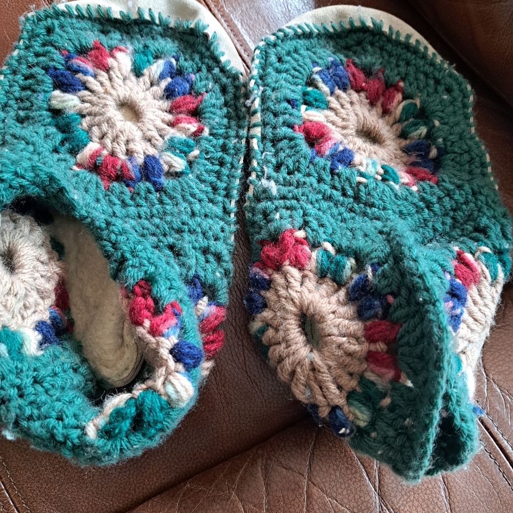 Handmade Crochet Slippers in Green and Multicolor.  Leather Bottoms.  Cozy Nice!